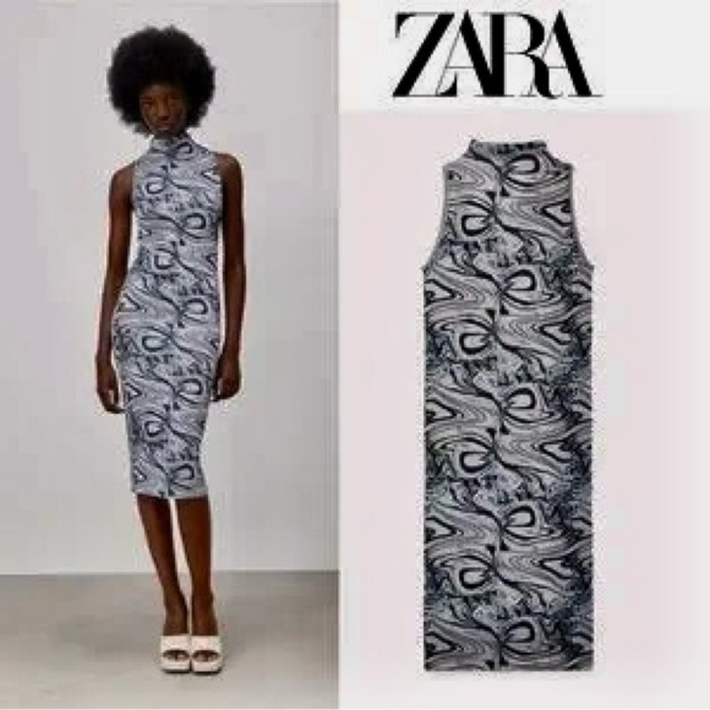 Zara Blue Marbled Jacquard Ribbed Bodycon Midi Dress